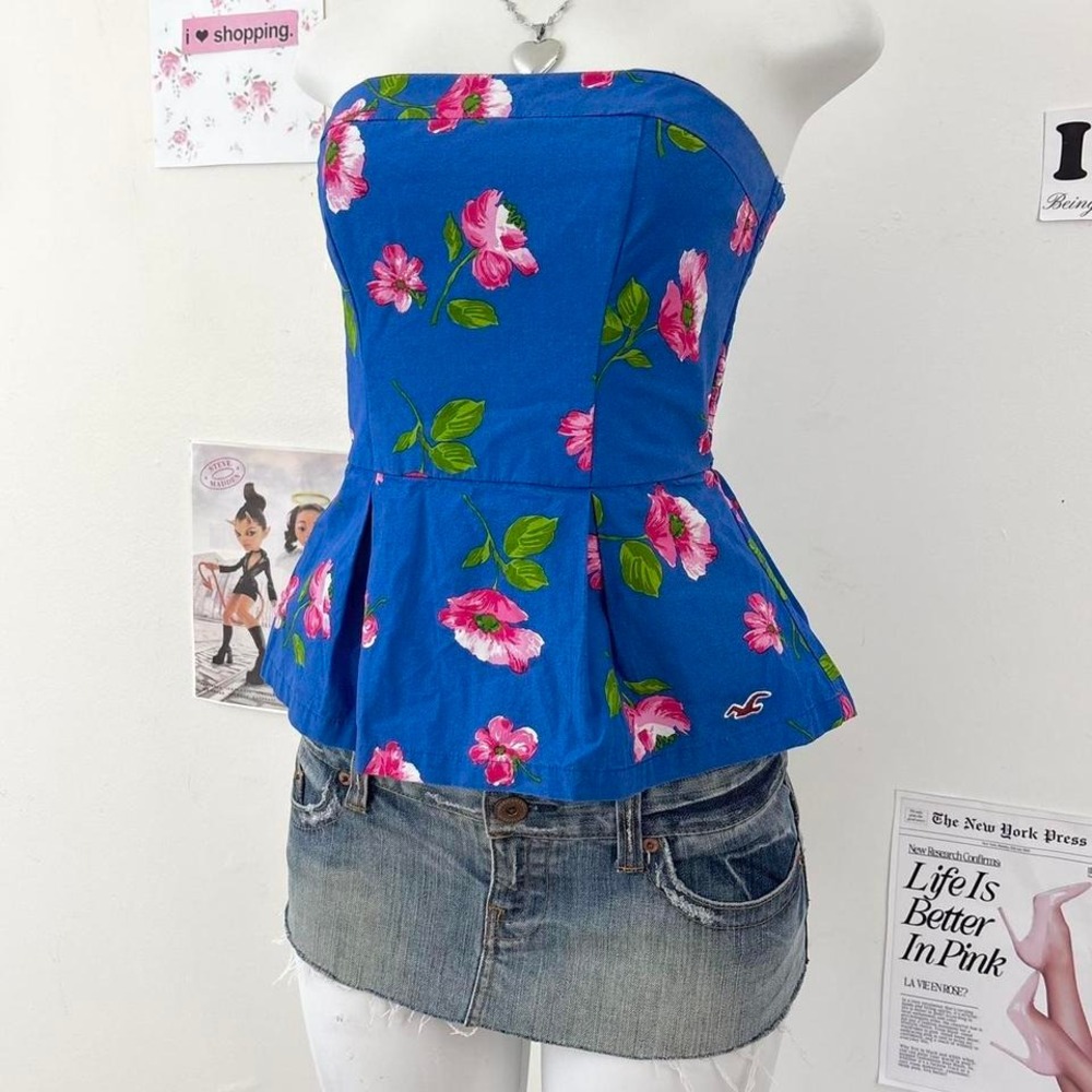 Abercrombie Blue floral strapless top with pink flowers